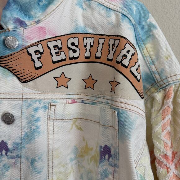 Upcycled Wild Fable Pastel Tie Dye Trucker Jacket w/Graphic & Towel Sleeves XL - Picture 4 of 12